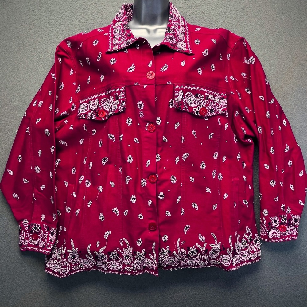 Quacker Factory Women Jacket Red Bandana Paisley Rhinestone Cotton 2X‎ Western